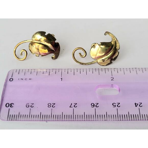 Antique Sterling Leaf Earrings Gold Plate Screw On 1940s - Picture 3 of 7